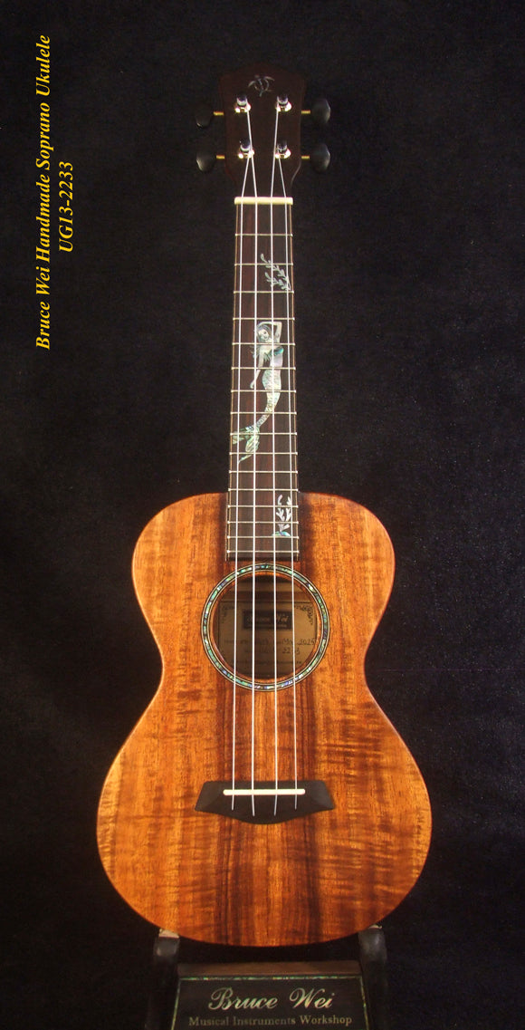 Handmade Solid Hawaiian Koa Soprano Ukulele, Mermaid, Turtle Inlay, Soft-bag, Bruce Wei UG13-2233