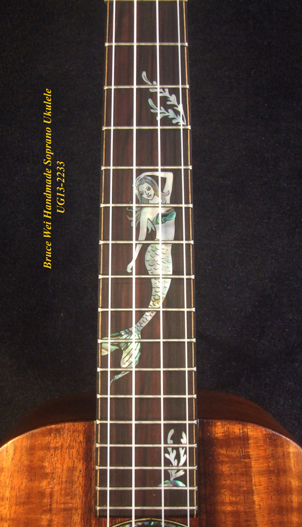 Handmade Solid Hawaiian Koa Soprano Ukulele, Mermaid, Turtle Inlay, Soft-bag, Bruce Wei UG13-2233