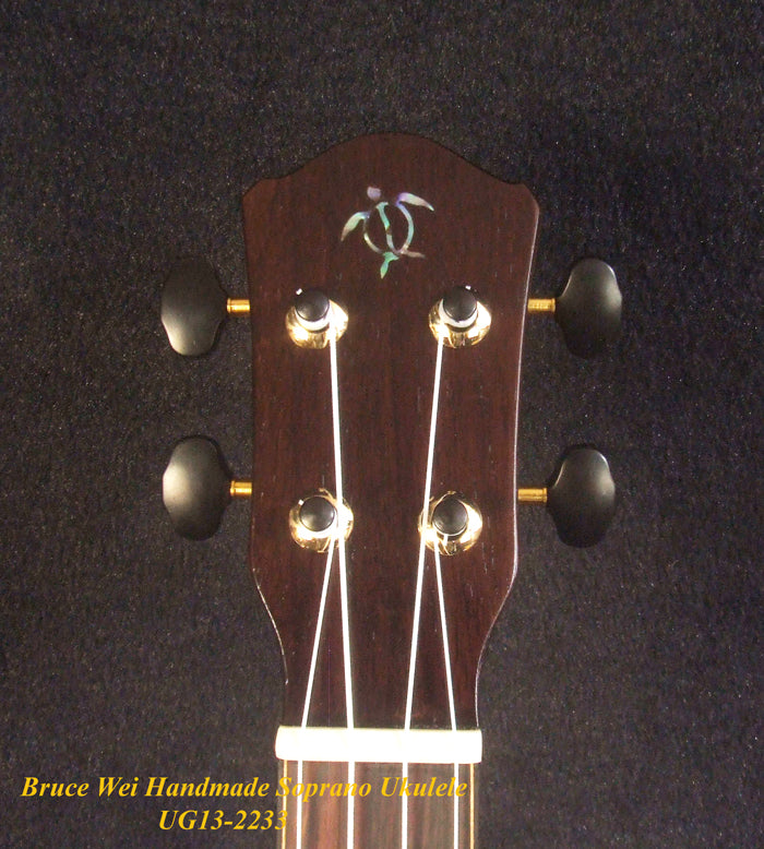 Handmade Solid Hawaiian Koa Soprano Ukulele, Mermaid, Turtle Inlay, Soft-bag, Bruce Wei UG13-2233