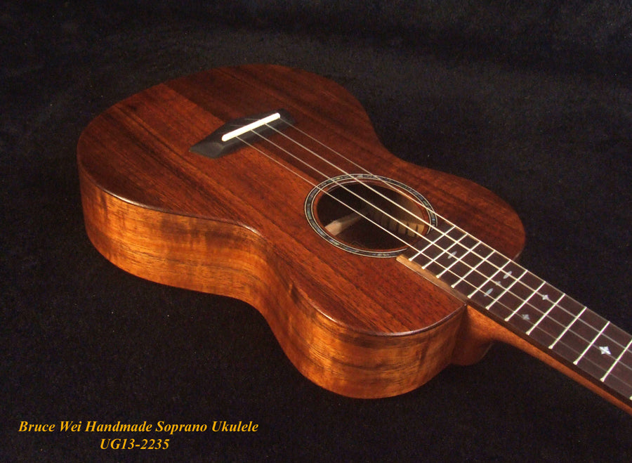 Handmade Solid Hawaiian Koa Soprano Ukulele, MOP Inlay, Worth String, Soft-bag, Bruce Wei UG13-2235