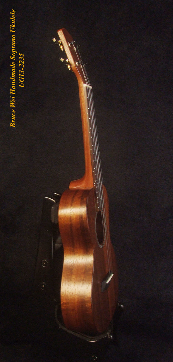 Handmade Solid Hawaiian Koa Soprano Ukulele, MOP Inlay, Worth String, Soft-bag, Bruce Wei UG13-2235