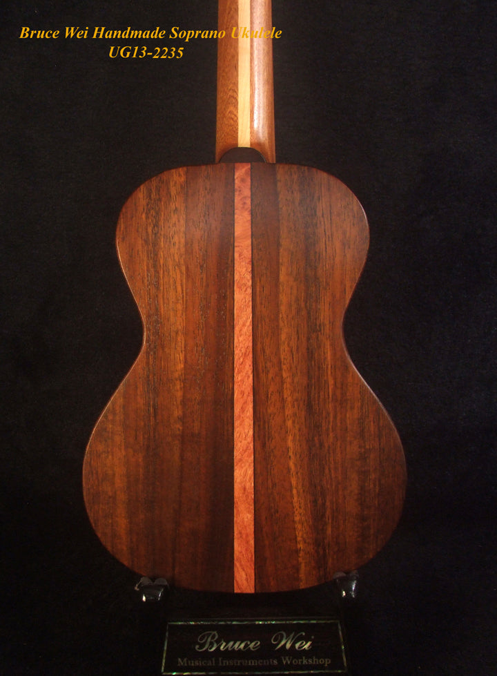 Handmade Solid Hawaiian Koa Soprano Ukulele, MOP Inlay, Worth String, Soft-bag, Bruce Wei UG13-2235