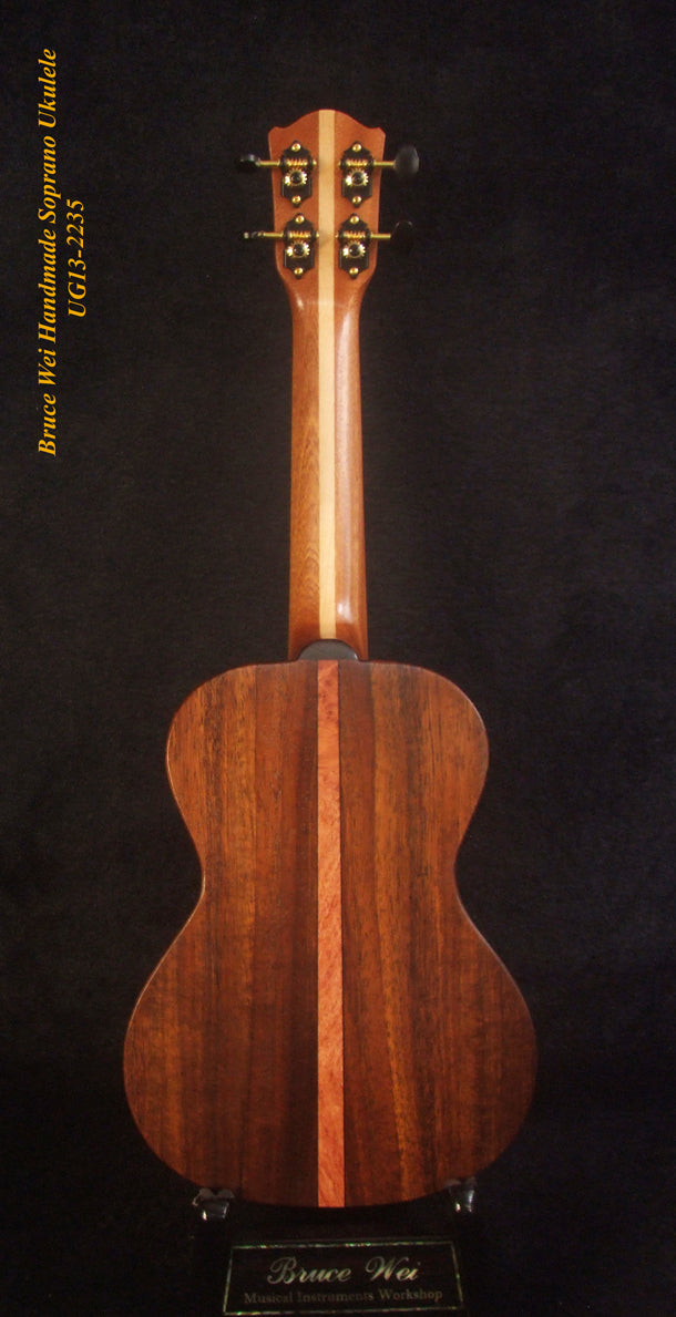 Handmade Solid Hawaiian Koa Soprano Ukulele, MOP Inlay, Worth String, Soft-bag, Bruce Wei UG13-2235