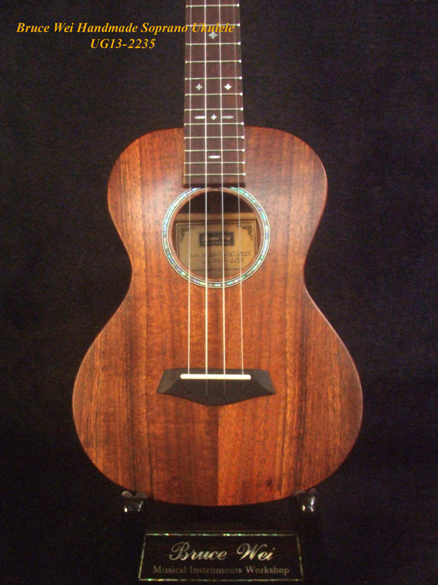 Handmade Solid Hawaiian Koa Soprano Ukulele, MOP Inlay, Worth String, Soft-bag, Bruce Wei UG13-2235