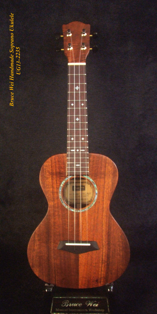 Handmade Solid Hawaiian Koa Soprano Ukulele, MOP Inlay, Worth String, Soft-bag, Bruce Wei UG13-2235
