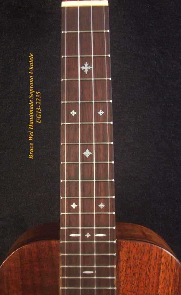 Handmade Solid Hawaiian Koa Soprano Ukulele, MOP Inlay, Worth String, Soft-bag, Bruce Wei UG13-2235