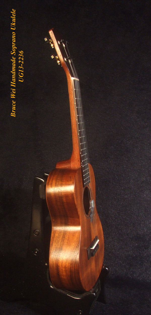 Handmade Soprano Ukulele, Solid Hawaiian Koa, Hibiscus Inlay, Soft-bag, Bruce Wei UG13-2236