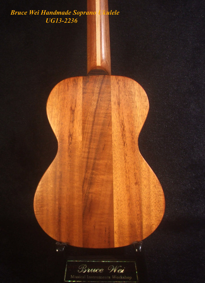 Handmade Soprano Ukulele, Solid Hawaiian Koa, Hibiscus Inlay, Soft-bag, Bruce Wei UG13-2236