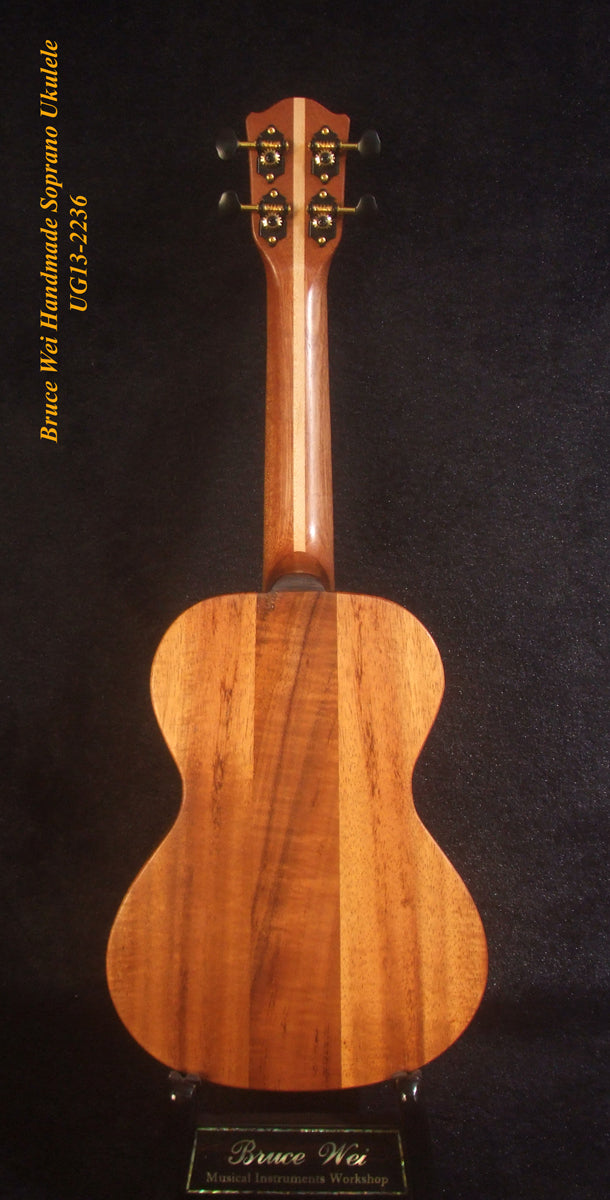 Handmade Soprano Ukulele, Solid Hawaiian Koa, Hibiscus Inlay, Soft-bag, Bruce Wei UG13-2236