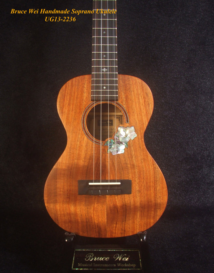Handmade Soprano Ukulele, Solid Hawaiian Koa, Hibiscus Inlay, Soft-bag, Bruce Wei UG13-2236