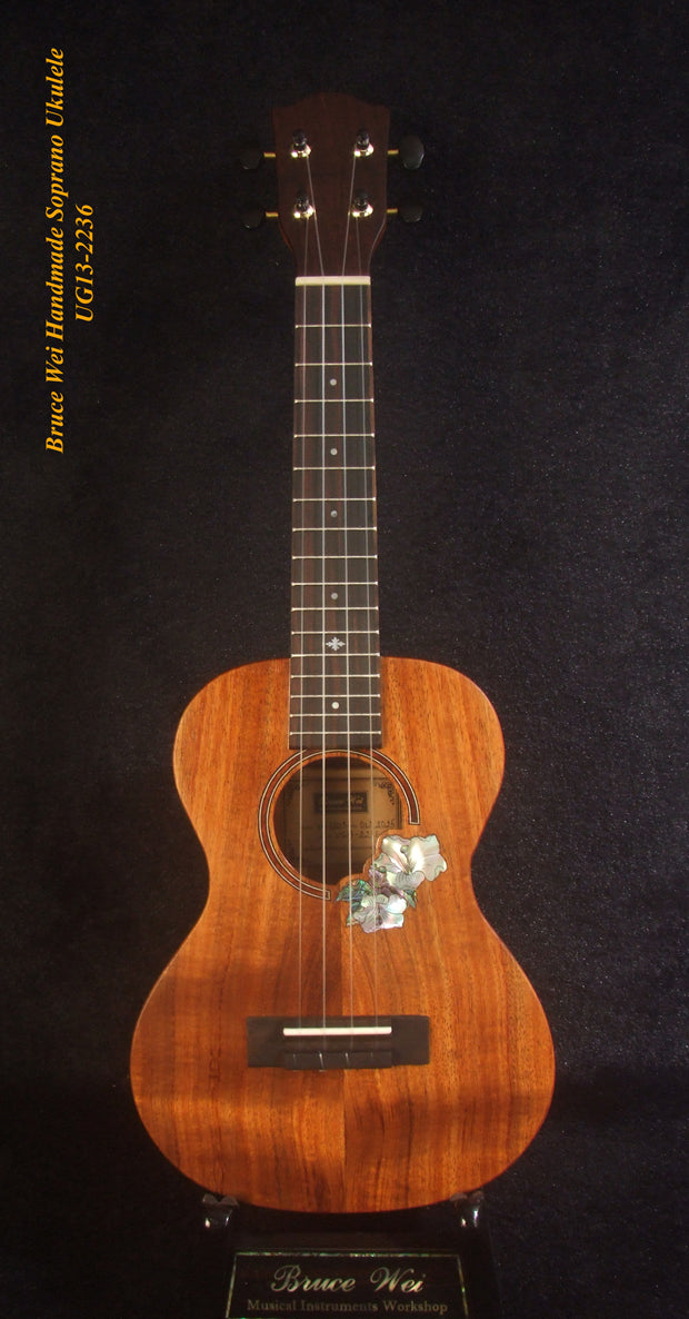 Handmade Soprano Ukulele, Solid Hawaiian Koa, Hibiscus Inlay, Soft-bag, Bruce Wei UG13-2236