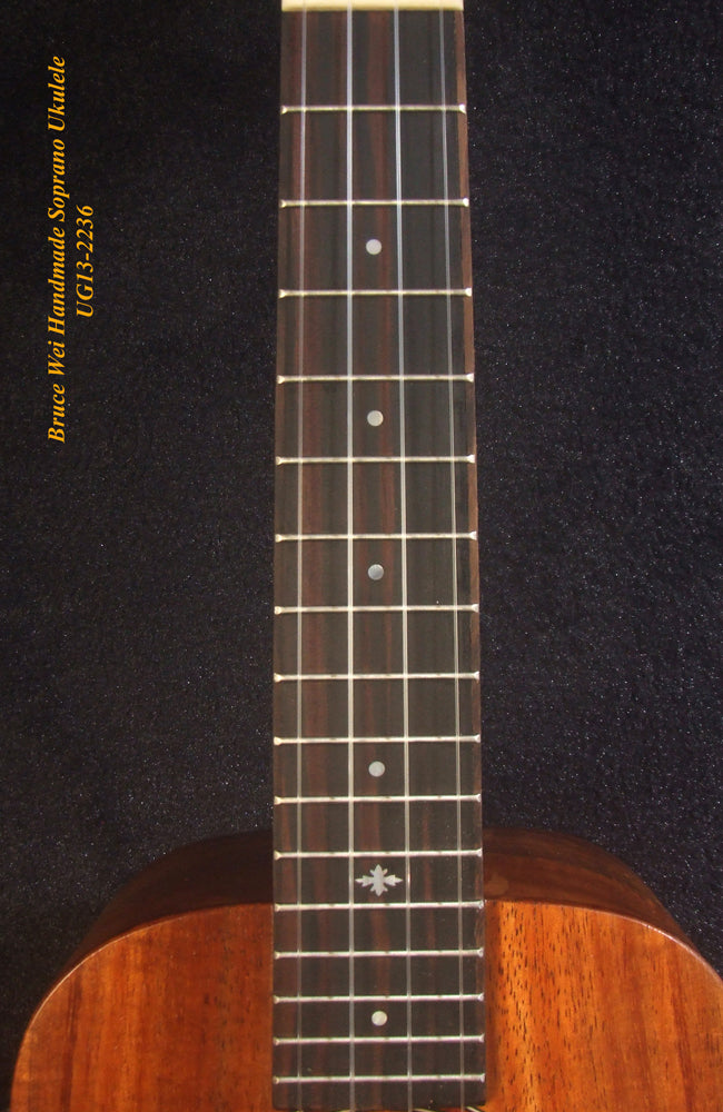 Handmade Soprano Ukulele, Solid Hawaiian Koa, Hibiscus Inlay, Soft-bag, Bruce Wei UG13-2236