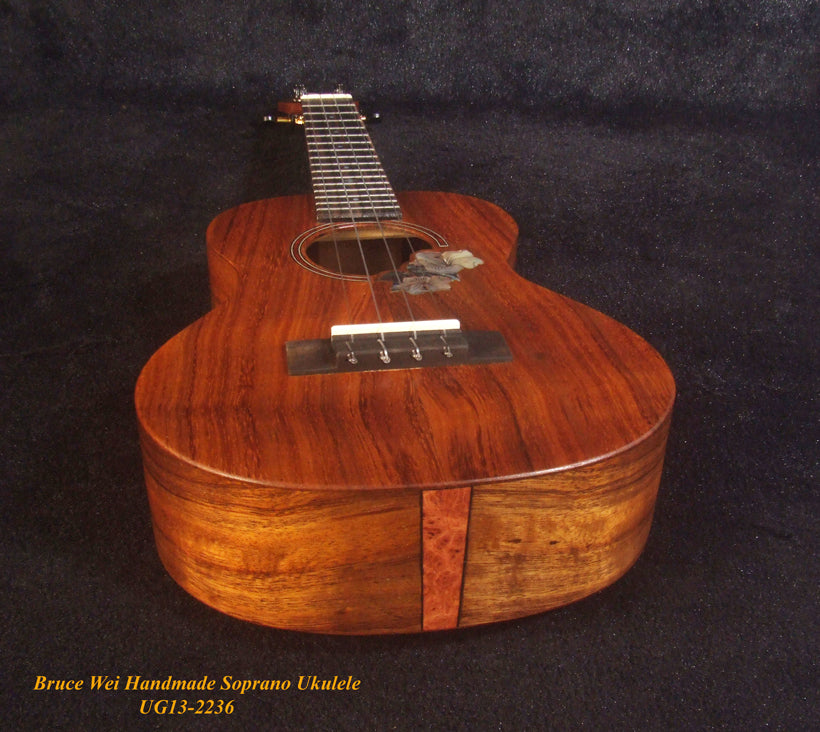 Handmade Soprano Ukulele, Solid Hawaiian Koa, Hibiscus Inlay, Soft-bag, Bruce Wei UG13-2236