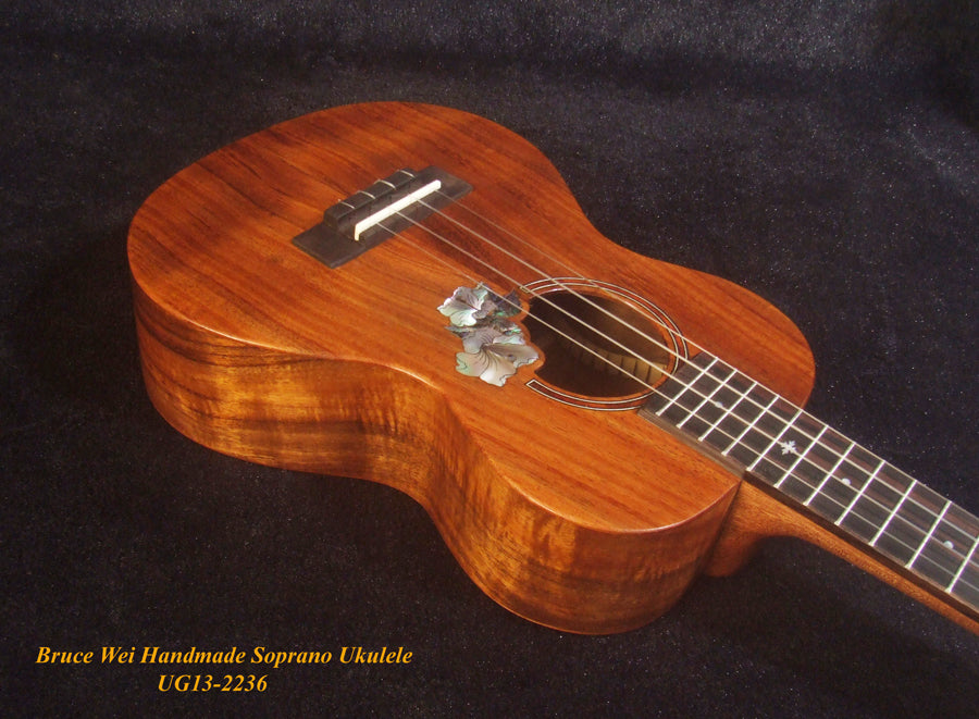 Handmade Soprano Ukulele, Solid Hawaiian Koa, Hibiscus Inlay, Soft-bag, Bruce Wei UG13-2236
