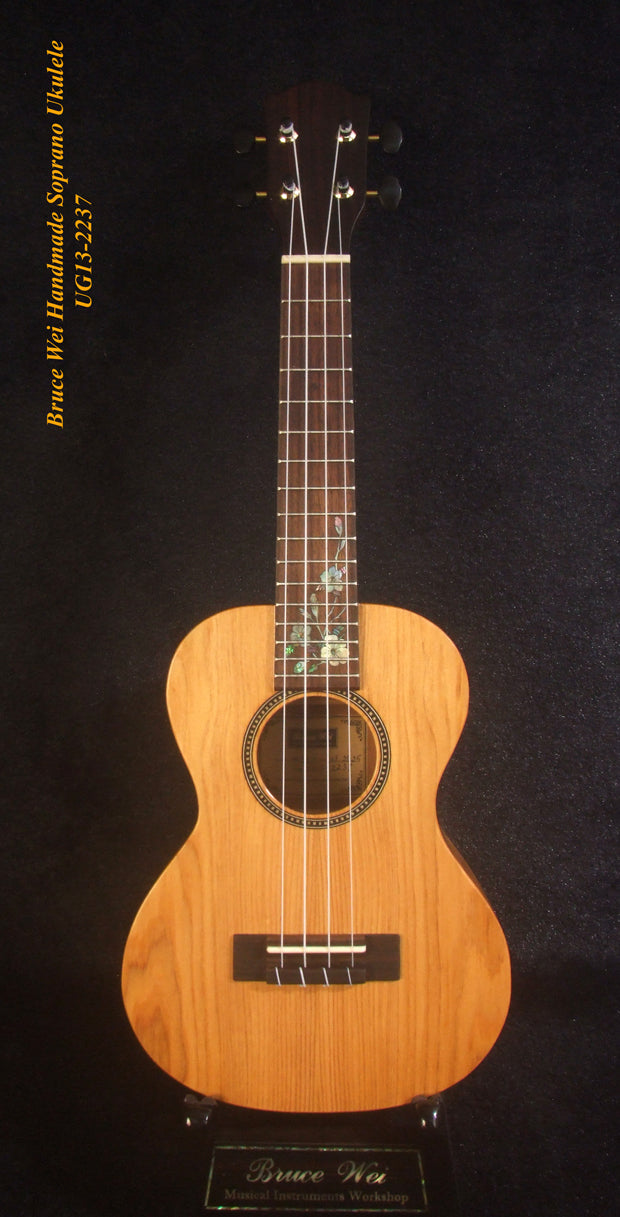 Handmade Soprano Ukulele, Solid Taiwania, Rosewood, Floral Inlay, Soft-bag, Bruce Wei UG13-2237