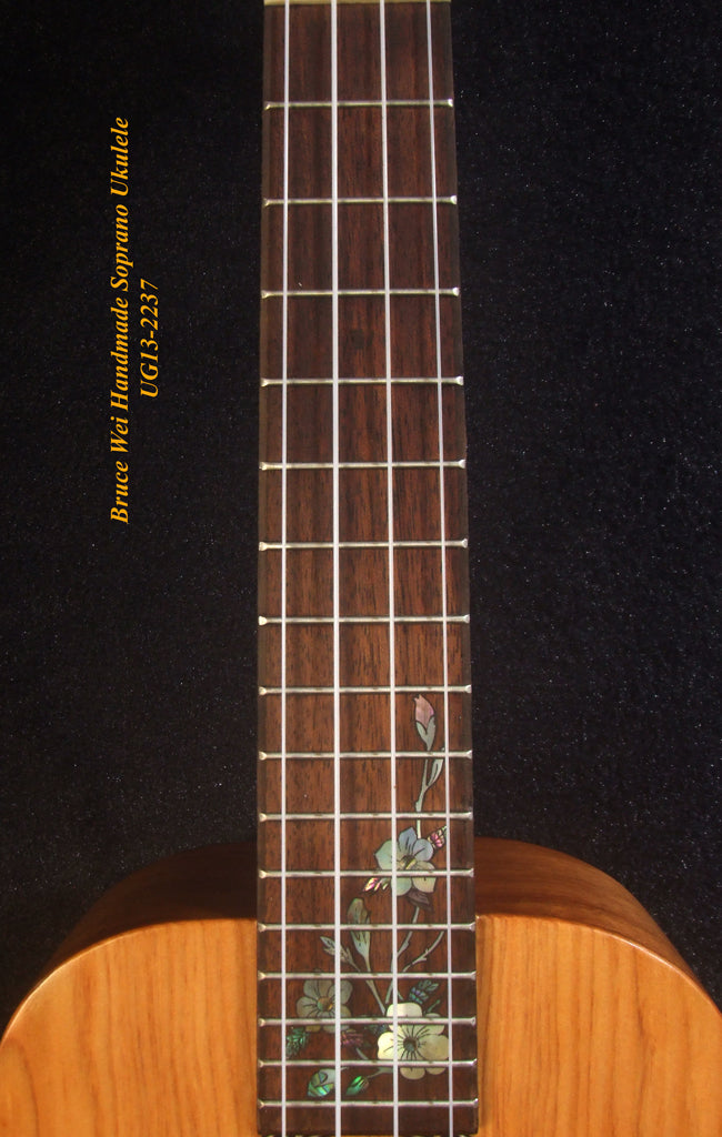 Handmade Soprano Ukulele, Solid Taiwania, Rosewood, Floral Inlay, Soft-bag, Bruce Wei UG13-2237