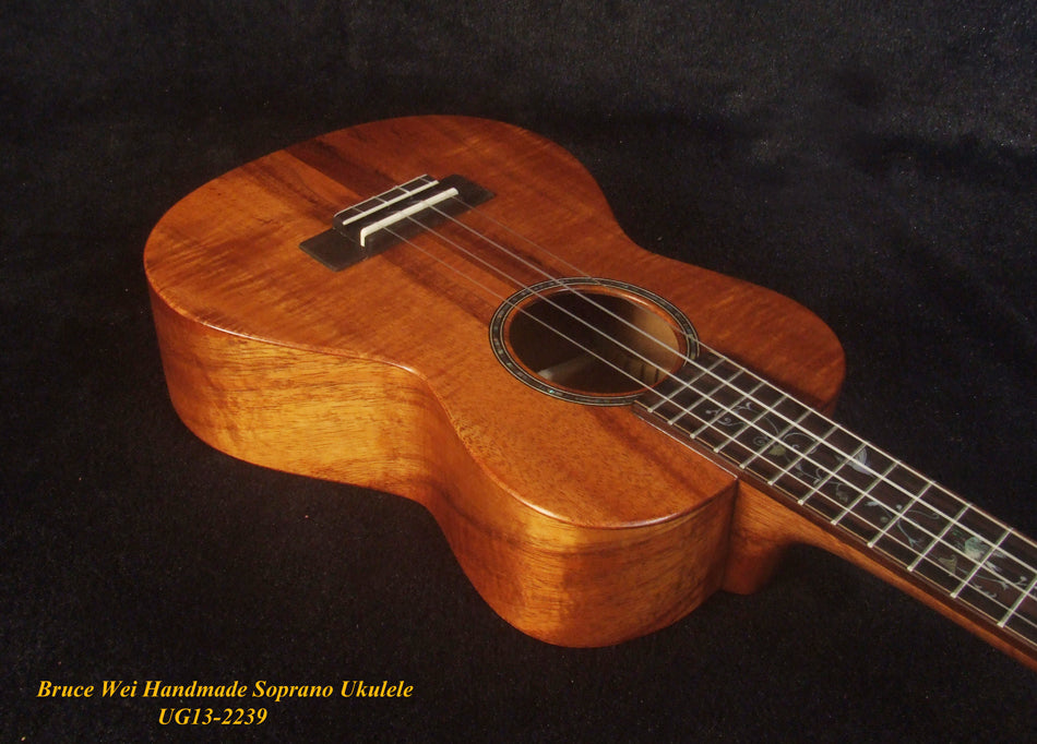 Handmade Solid Curly Hawaiian Koa Soprano Ukulele, HummingBird Vine Inlay, Soft-bag, Bruce Wei UG13-2239