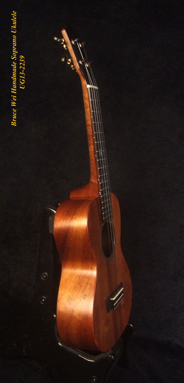 Handmade Solid Curly Hawaiian Koa Soprano Ukulele, HummingBird Vine Inlay, Soft-bag, Bruce Wei UG13-2239
