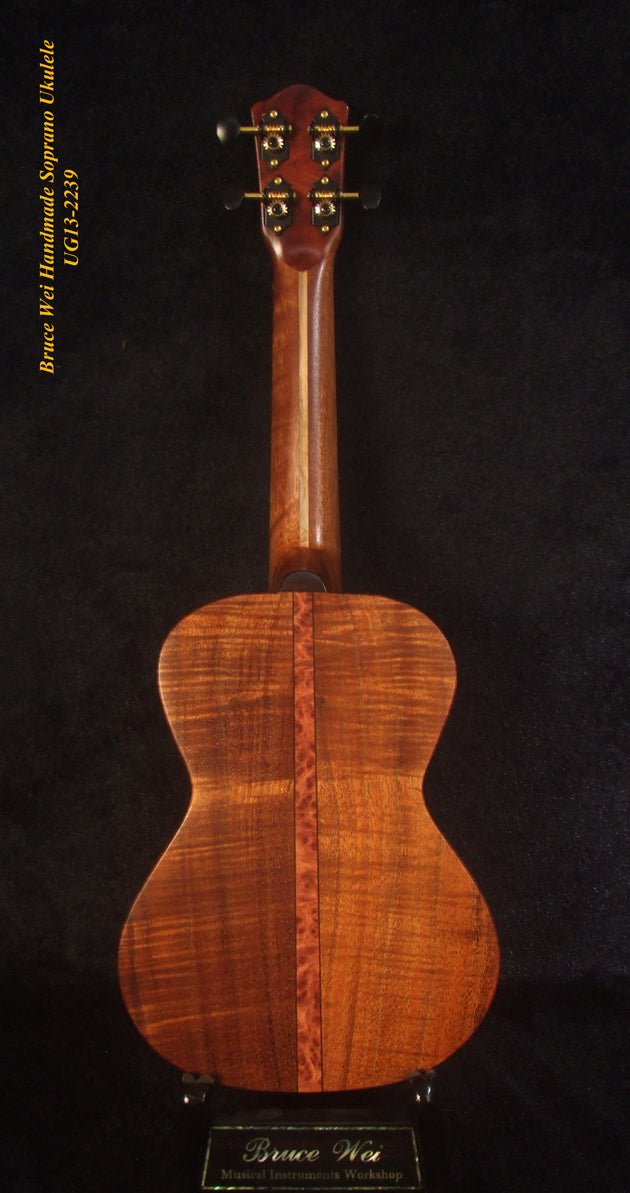 Handmade Solid Curly Hawaiian Koa Soprano Ukulele, HummingBird Vine Inlay, Soft-bag, Bruce Wei UG13-2239