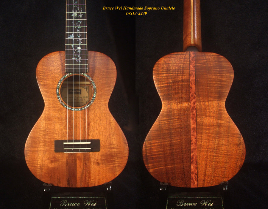 Handmade Solid Curly Hawaiian Koa Soprano Ukulele, HummingBird Vine Inlay, Soft-bag, Bruce Wei UG13-2239
