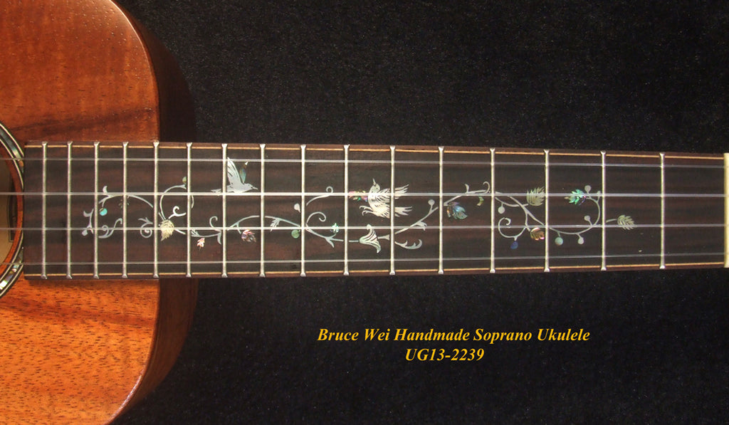 Handmade Solid Curly Hawaiian Koa Soprano Ukulele, HummingBird Vine Inlay, Soft-bag, Bruce Wei UG13-2239