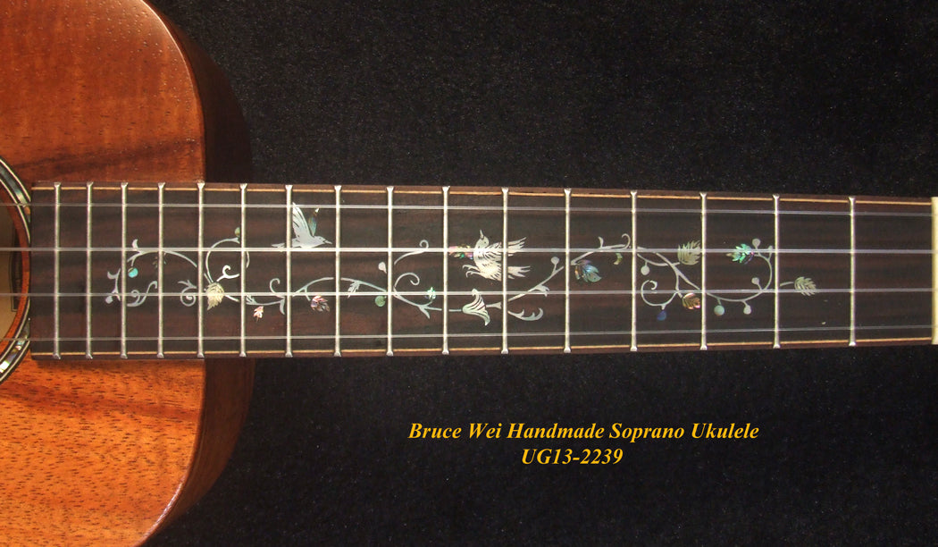 Handmade Solid Curly Hawaiian Koa Soprano Ukulele, HummingBird Vine Inlay, Soft-bag, Bruce Wei UG13-2239