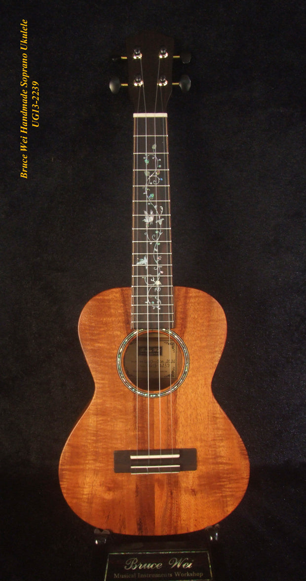 Handmade Solid Curly Hawaiian Koa Soprano Ukulele, HummingBird Vine Inlay, Soft-bag, Bruce Wei UG13-2239