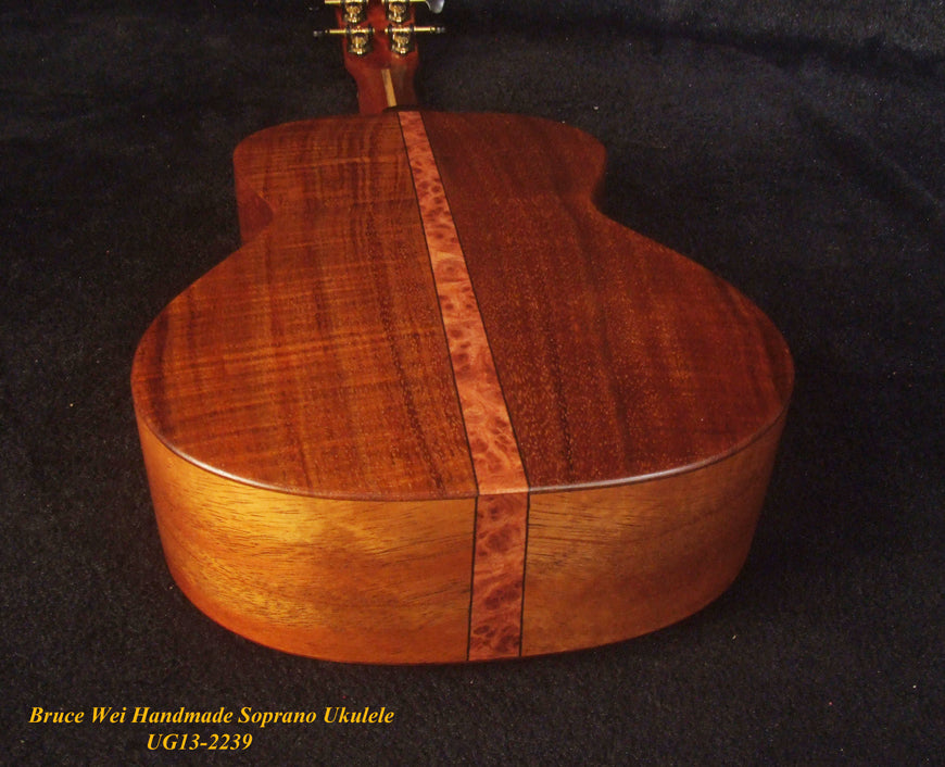 Handmade Solid Curly Hawaiian Koa Soprano Ukulele, HummingBird Vine Inlay, Soft-bag, Bruce Wei UG13-2239