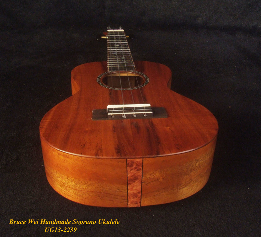 Handmade Solid Curly Hawaiian Koa Soprano Ukulele, HummingBird Vine Inlay, Soft-bag, Bruce Wei UG13-2239