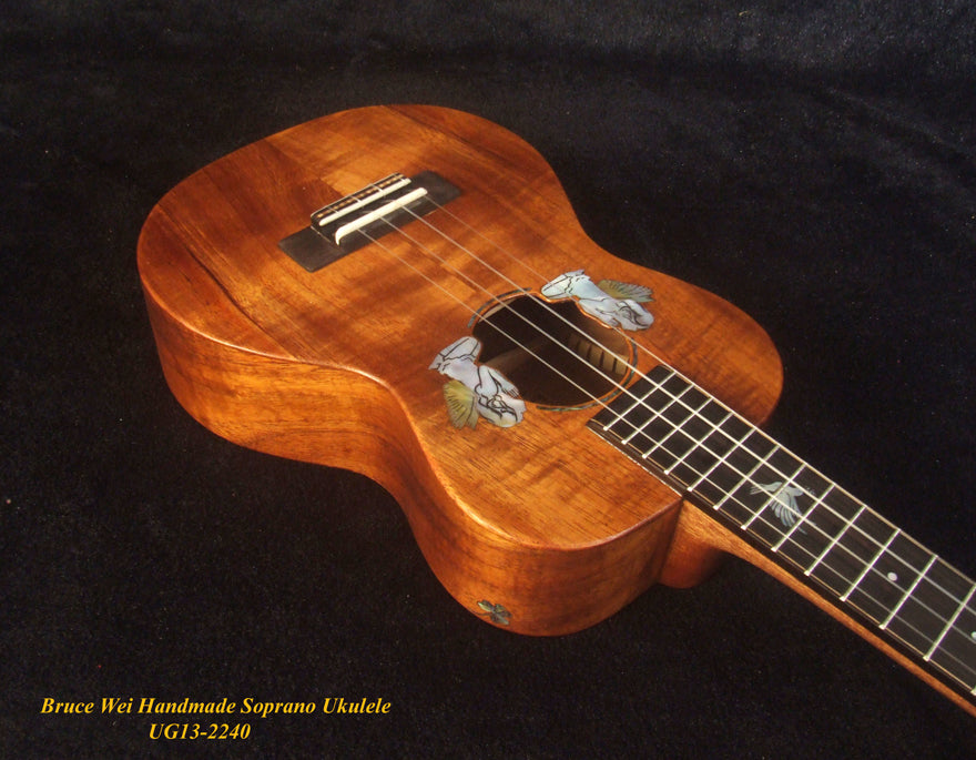 Handmade Solid Hawaiian Koa Soprano Ukulele, Angel, Dove Inlay, Soft-bag, Bruce Wei UG13-2240