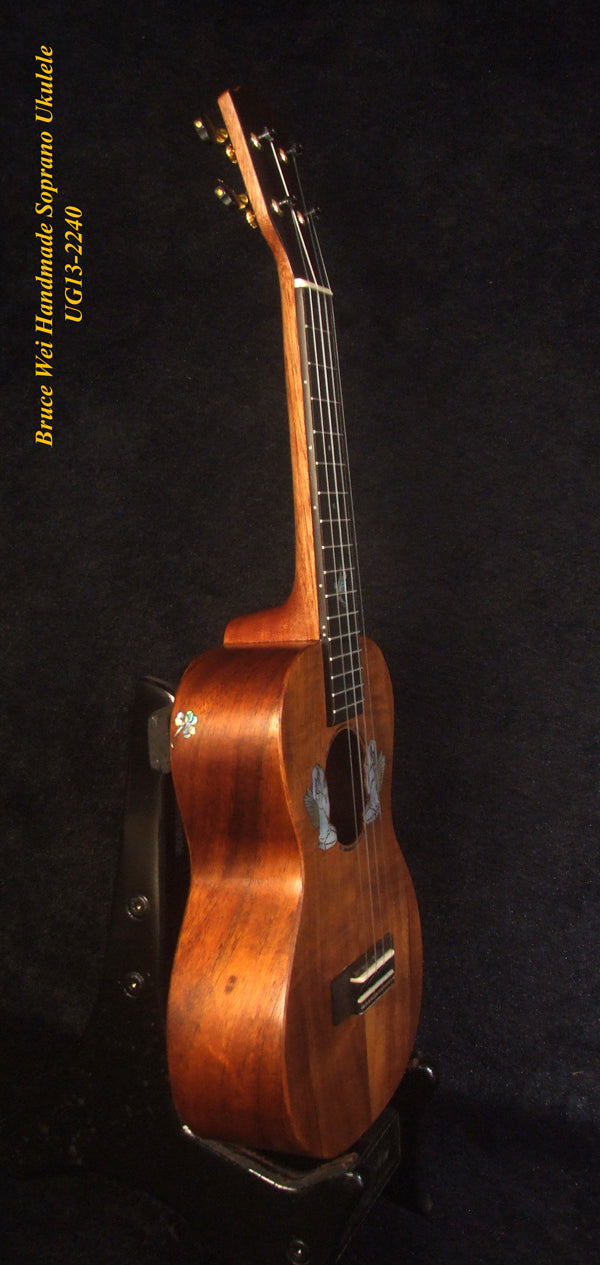 Handmade Solid Hawaiian Koa Soprano Ukulele, Angel, Dove Inlay, Soft-bag, Bruce Wei UG13-2240