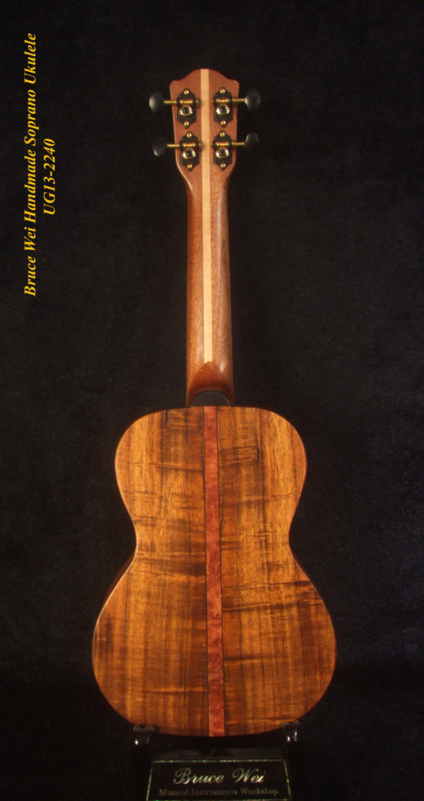 Handmade Solid Hawaiian Koa Soprano Ukulele, Angel, Dove Inlay, Soft-bag, Bruce Wei UG13-2240