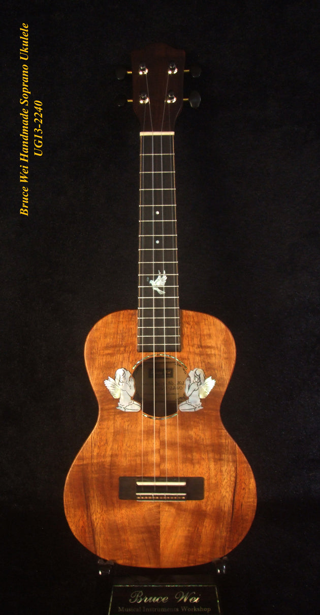 Handmade Solid Hawaiian Koa Soprano Ukulele, Angel, Dove Inlay, Soft-bag, Bruce Wei UG13-2240