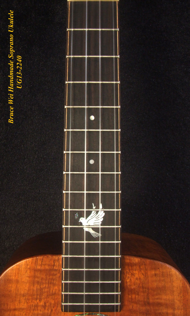 Handmade Solid Hawaiian Koa Soprano Ukulele, Angel, Dove Inlay, Soft-bag, Bruce Wei UG13-2240