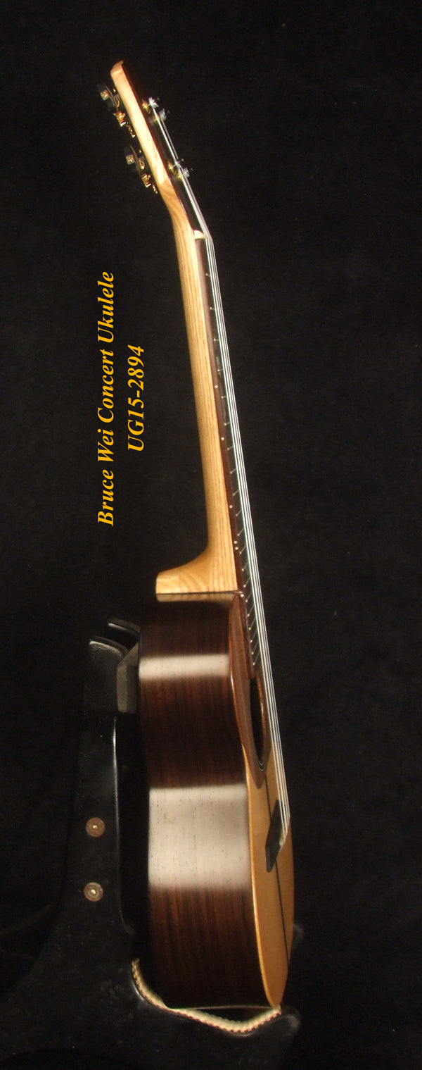 Handmade Concert Ukulele, Solid Ziricote & Spruce, Carved backboard, Soft-bag, Bruce Wei UG15-2894