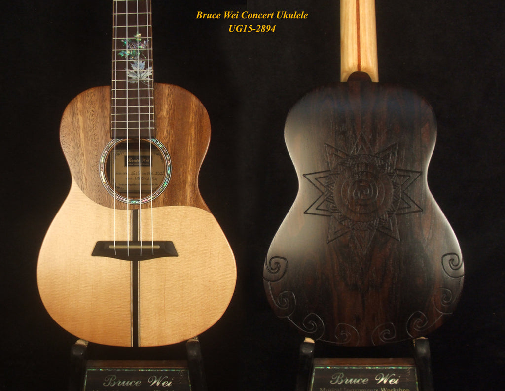 Handmade Concert Ukulele, Solid Ziricote & Spruce, Carved backboard, Soft-bag, Bruce Wei UG15-2894