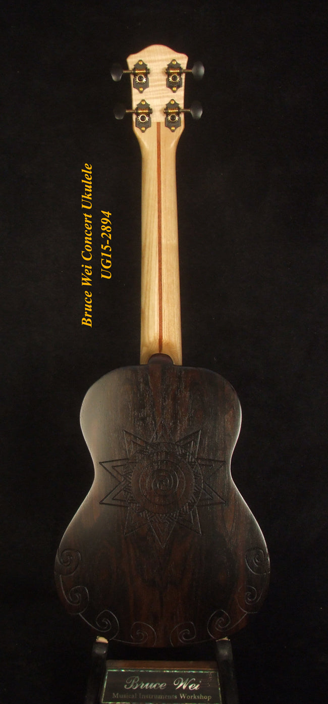 Handmade Concert Ukulele, Solid Ziricote & Spruce, Carved backboard, Soft-bag, Bruce Wei UG15-2894