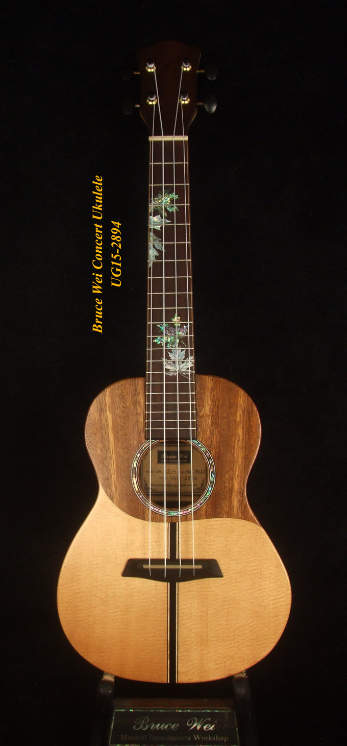Handmade Concert Ukulele, Solid Ziricote & Spruce, Carved backboard, Soft-bag, Bruce Wei UG15-2894