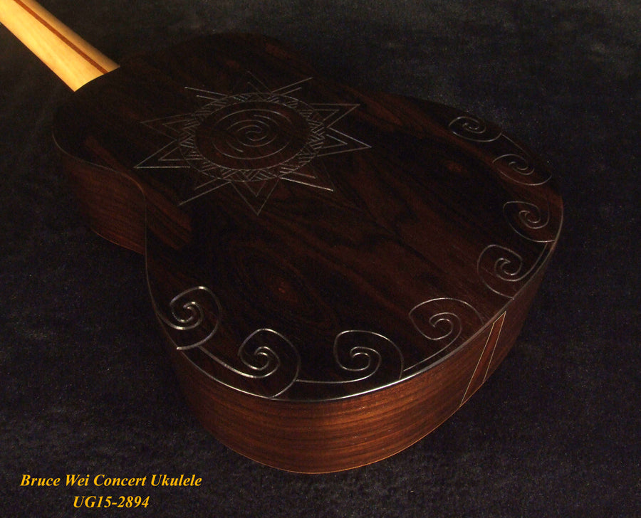 Handmade Concert Ukulele, Solid Ziricote & Spruce, Carved backboard, Soft-bag, Bruce Wei UG15-2894