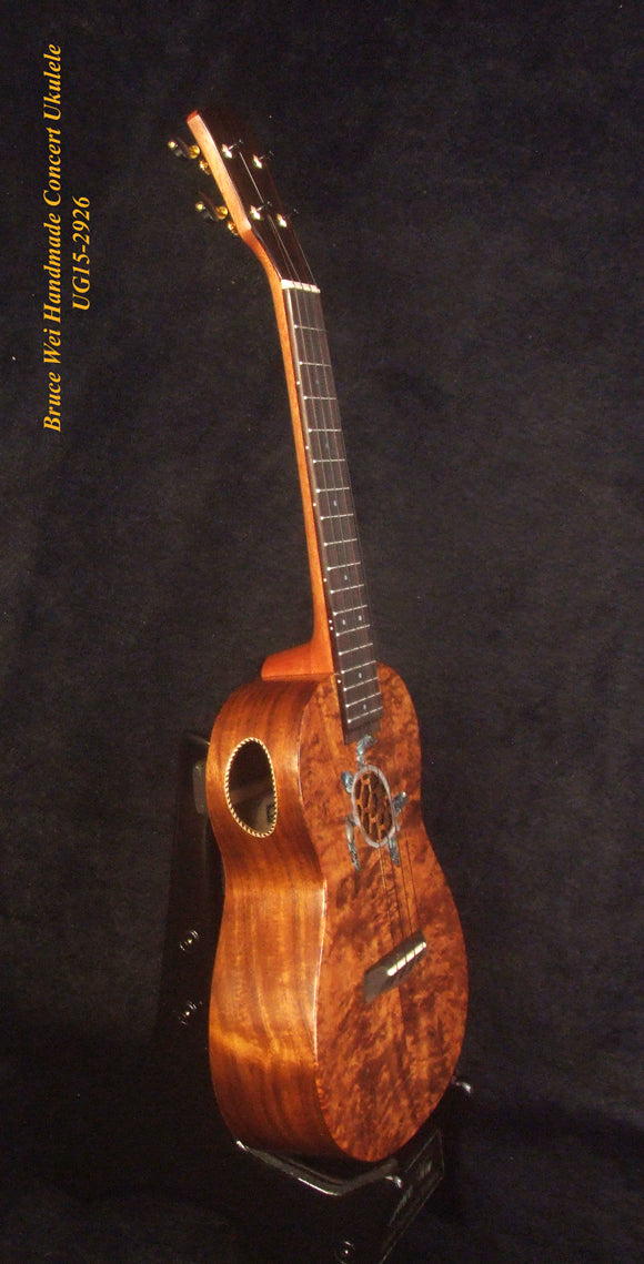 Handcrafted Concert Ukulele, Solid Curly Hawaiian Koa, Turtle, Koi Fish Inlay, Soft-bag, Bruce Wei UG15-2926