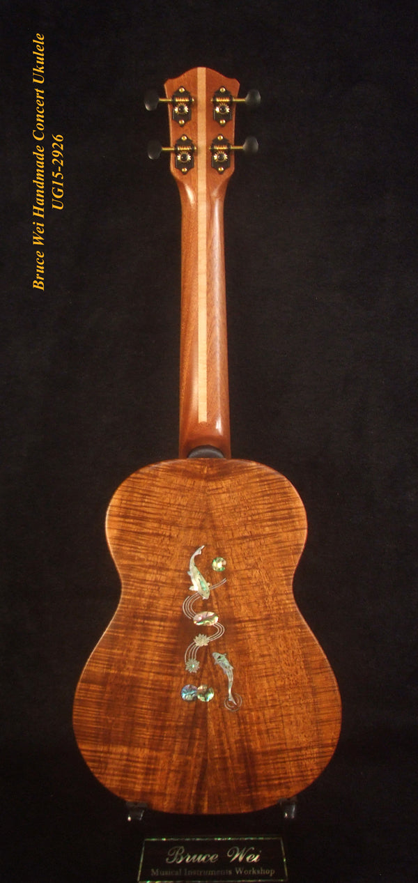 Handcrafted Concert Ukulele, Solid Curly Hawaiian Koa, Turtle, Koi Fish Inlay, Soft-bag, Bruce Wei UG15-2926