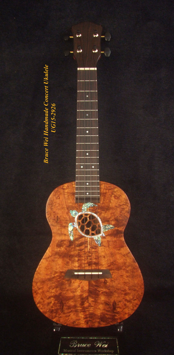 Handcrafted Concert Ukulele, Solid Curly Hawaiian Koa, Turtle, Koi Fish Inlay, Soft-bag, Bruce Wei UG15-2926