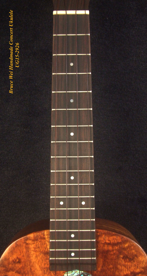 Handcrafted Concert Ukulele, Solid Curly Hawaiian Koa, Turtle, Koi Fish Inlay, Soft-bag, Bruce Wei UG15-2926