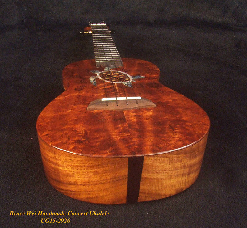 Handcrafted Concert Ukulele, Solid Curly Hawaiian Koa, Turtle, Koi Fish Inlay, Soft-bag, Bruce Wei UG15-2926