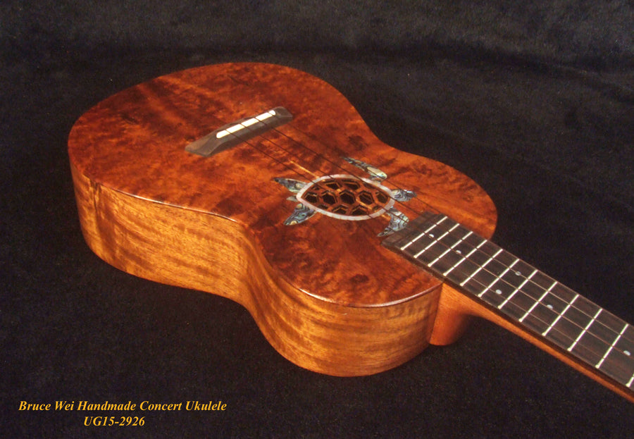 Handcrafted Concert Ukulele, Solid Curly Hawaiian Koa, Turtle, Koi Fish Inlay, Soft-bag, Bruce Wei UG15-2926