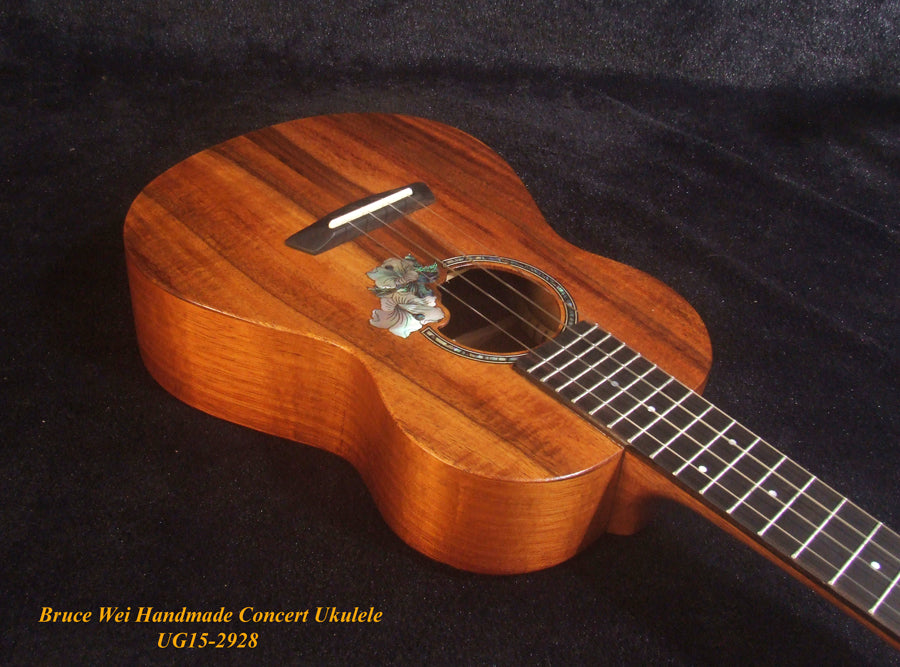 Handcrafted Concert Ukulele, Solid Curly Hawaiian Koa, Hibiscus Mop & Abalone Inlay, Soft-bag, Bruce Wei UG15-2928