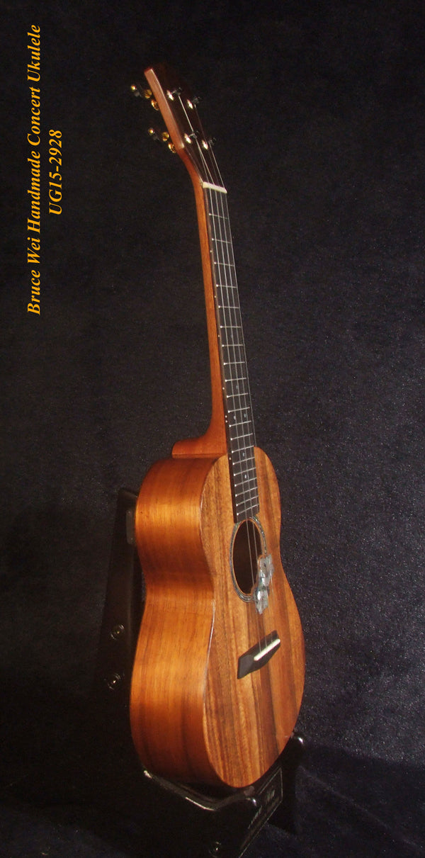 Handcrafted Concert Ukulele, Solid Curly Hawaiian Koa, Hibiscus Mop & Abalone Inlay, Soft-bag, Bruce Wei UG15-2928