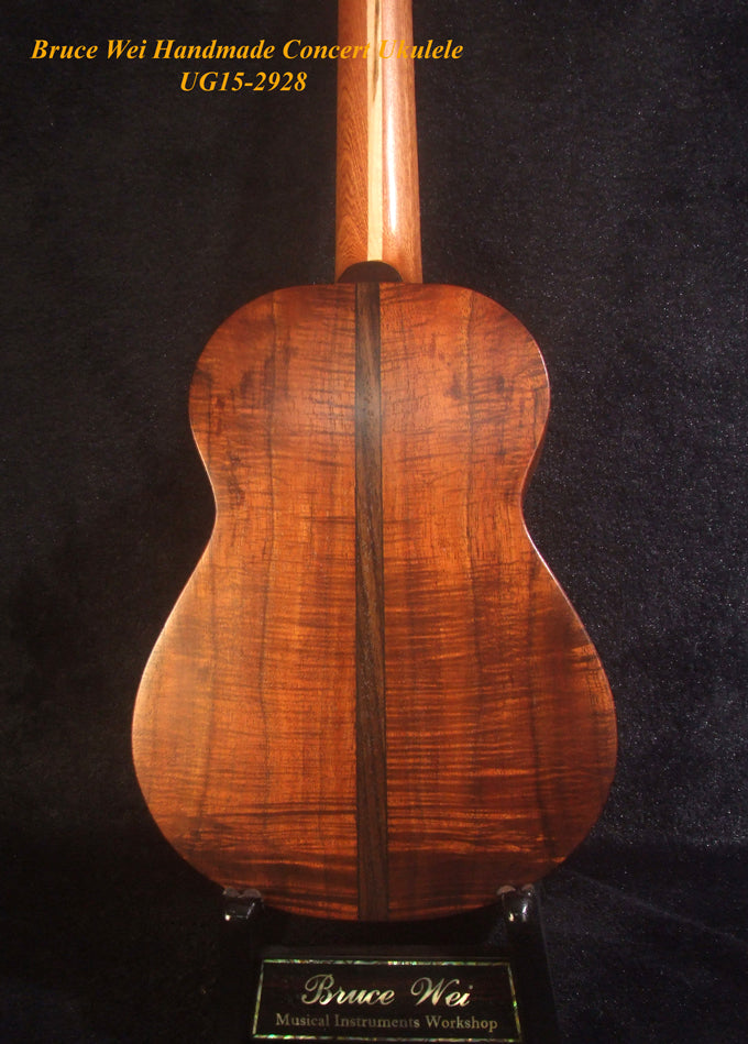 Handcrafted Concert Ukulele, Solid Curly Hawaiian Koa, Hibiscus Mop & Abalone Inlay, Soft-bag, Bruce Wei UG15-2928