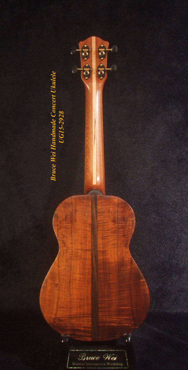 Handcrafted Concert Ukulele, Solid Curly Hawaiian Koa, Hibiscus Mop & Abalone Inlay, Soft-bag, Bruce Wei UG15-2928