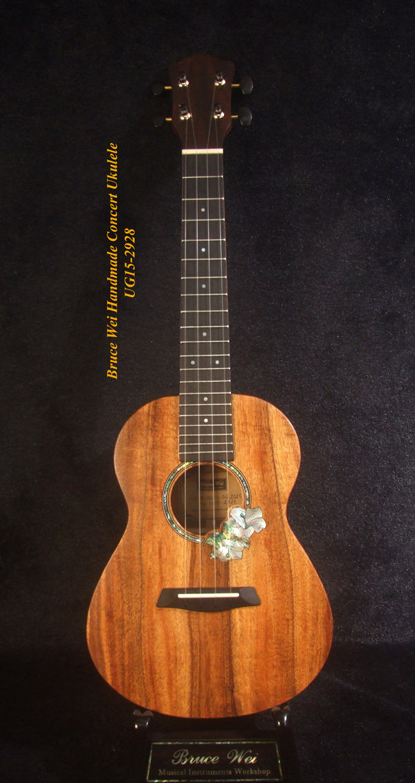 Handcrafted Concert Ukulele, Solid Curly Hawaiian Koa, Hibiscus Mop & Abalone Inlay, Soft-bag, Bruce Wei UG15-2928